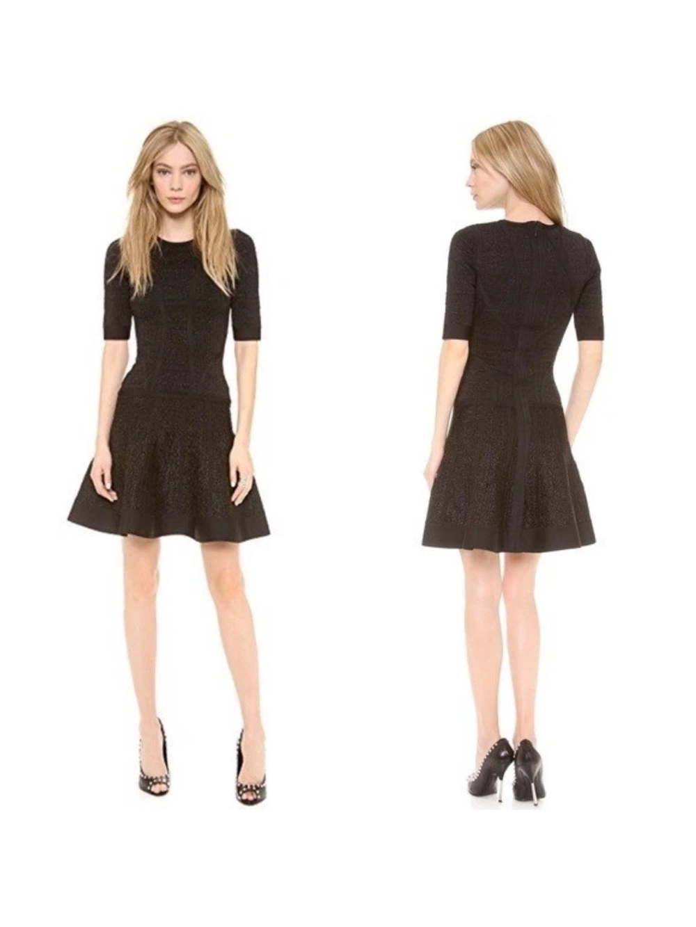 Herve Leger Black Textured Short-Sleeve Clara Dress size medium